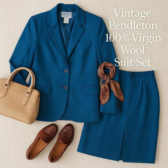Vintage Pendleton 100% Virgin Wool 2-Piece Midi Skirt Suit Set Blue Blazer 8/12 - Picture 1 of 16